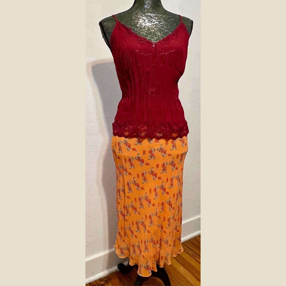 Women’s Blunauta Orange w/Red & Green Floral Print Lined Long Silk Skirt IT 42